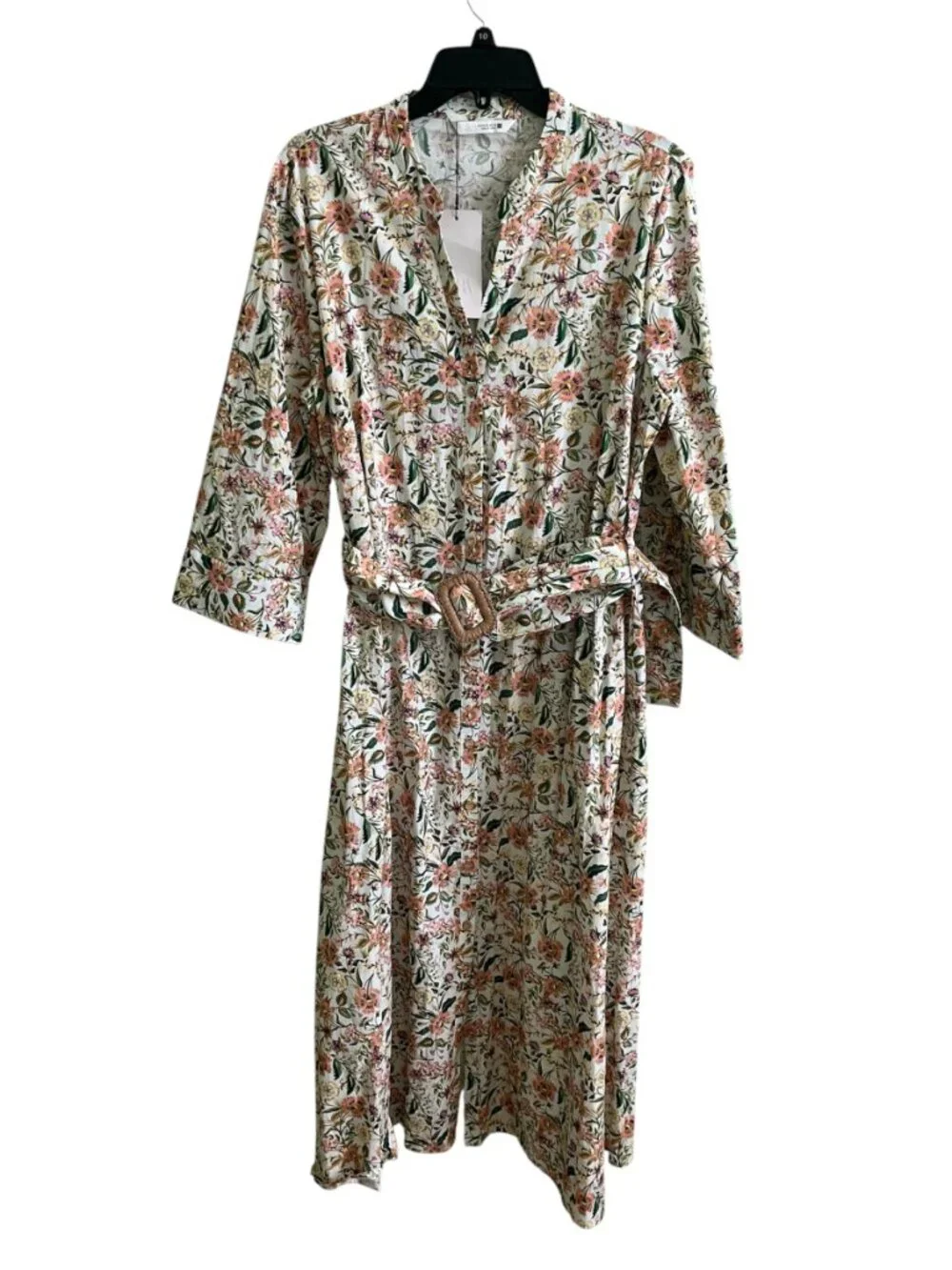 Zara Printed Midi Poplin Dress XL Organic Cotton Belted Button Front Summer NWT